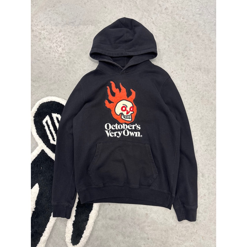 OVO Octobers Very Own Flaming Skull Chenille Patch Hoodie Black Mens Small